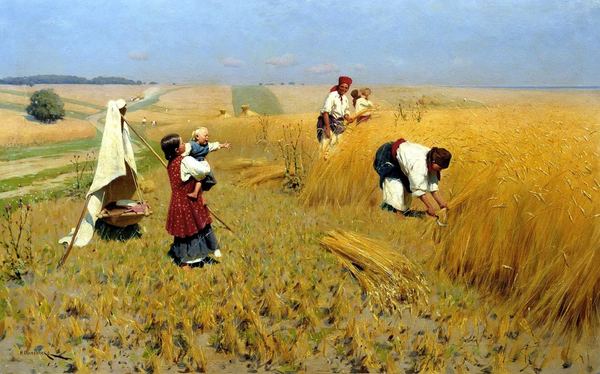 Жанровая сцена украинского села на картине маслом